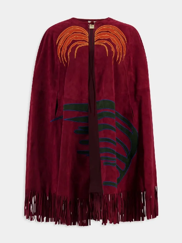 Talia Suede Cape With Embroidered Patches 