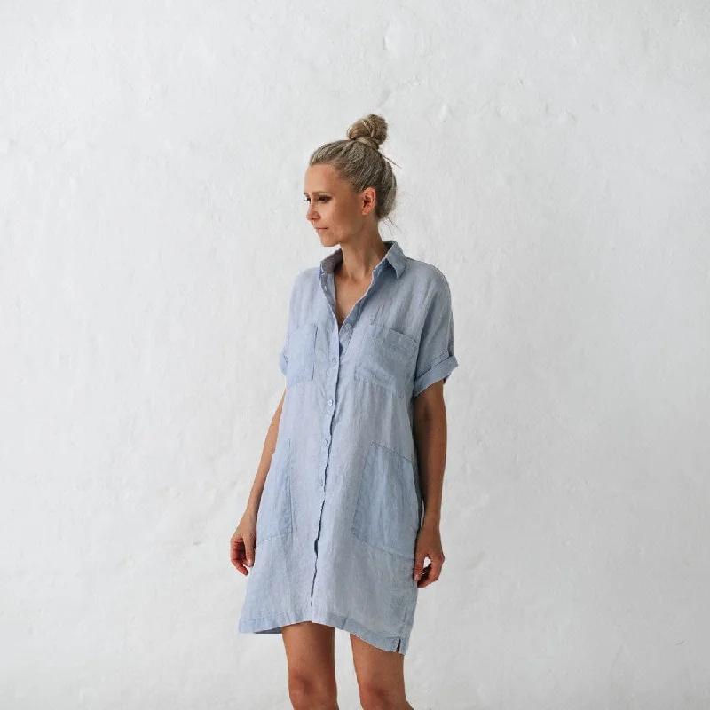 Seaside Tones Linen Tunic Dress - Blue