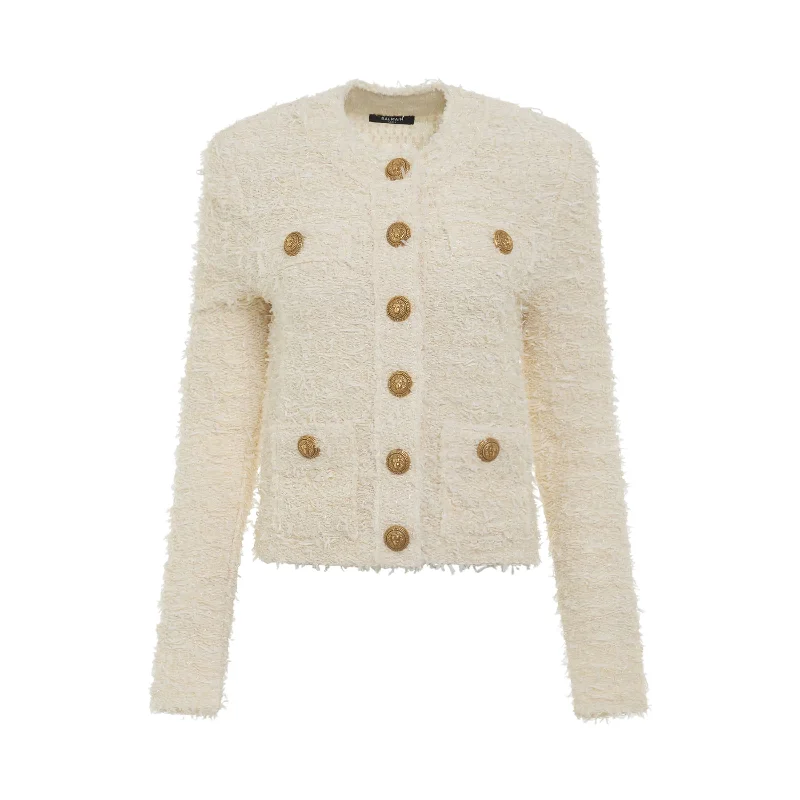 Collarless 4 Pockets Buttoned Tweed Jacket in Natural