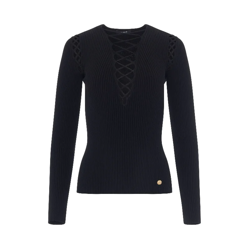 Laced Shoulder Details Knit Pullover in Black