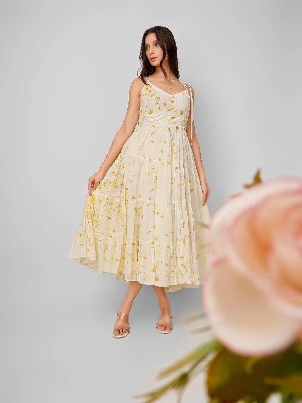 White Yellow Printed Waist Pleated Loop Dress