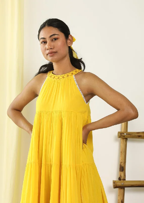 Yellow Halter Tiered Dress