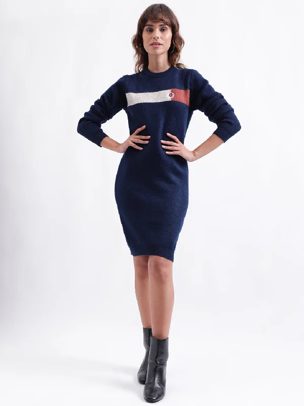 Iconic Women Navy Blue Colorblocked Round Neck Full Sleeves Dress