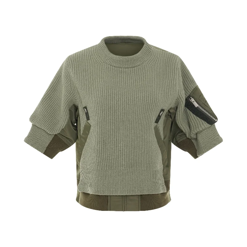 Nylon Twill x Knit Pullover in Light Khaki