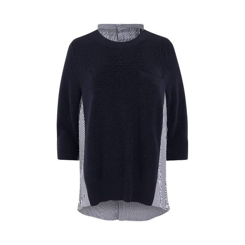 Panelled Crewneck Knit Pullover in Navy/Stripe