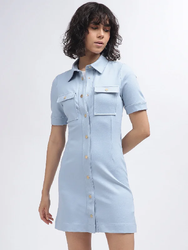 Gant Women Blue Solid Spread Collar Short Sleeves Dress