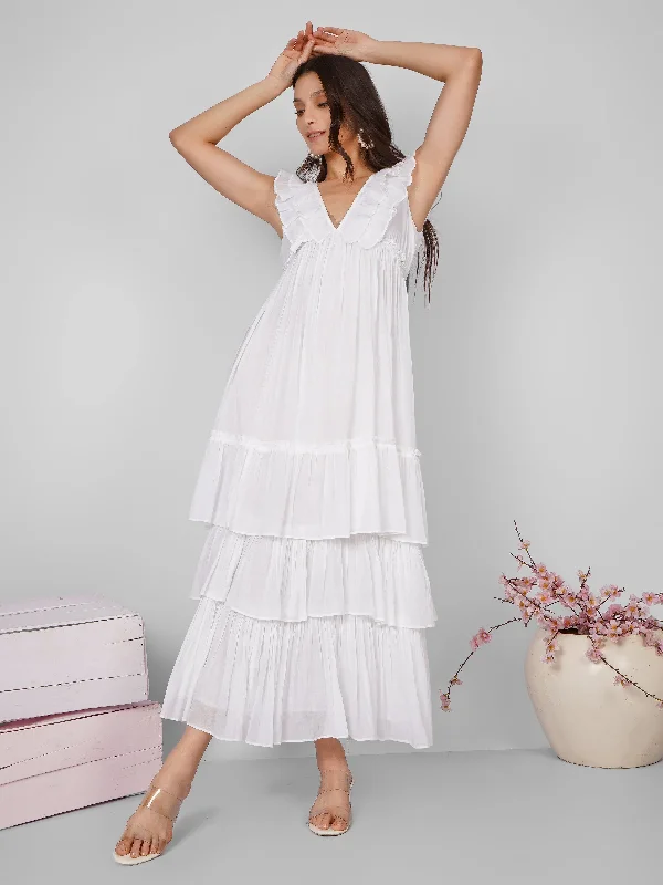 White Frill Neckline Tiered Long Dress