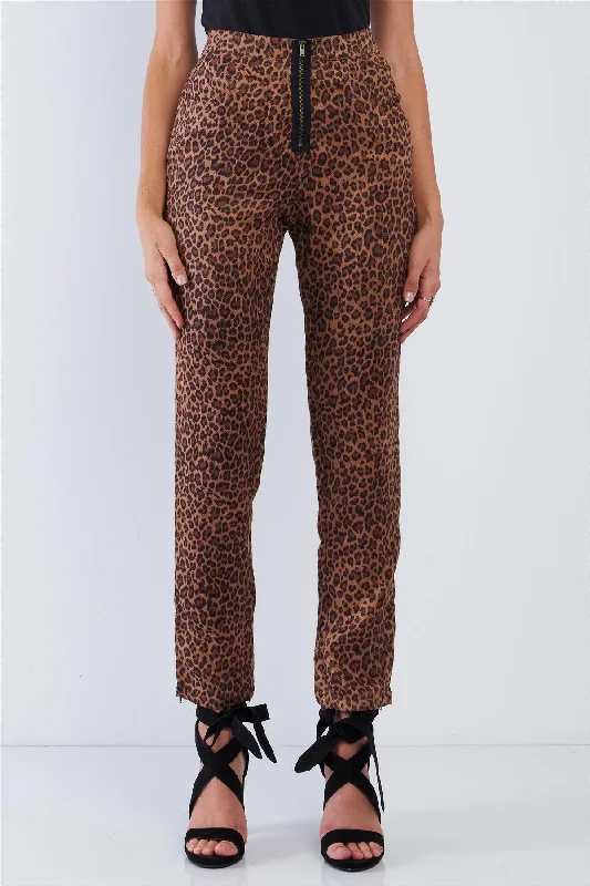 Leopard Print High Waisted Front Zipper Fly Accent Ankle Length Pants