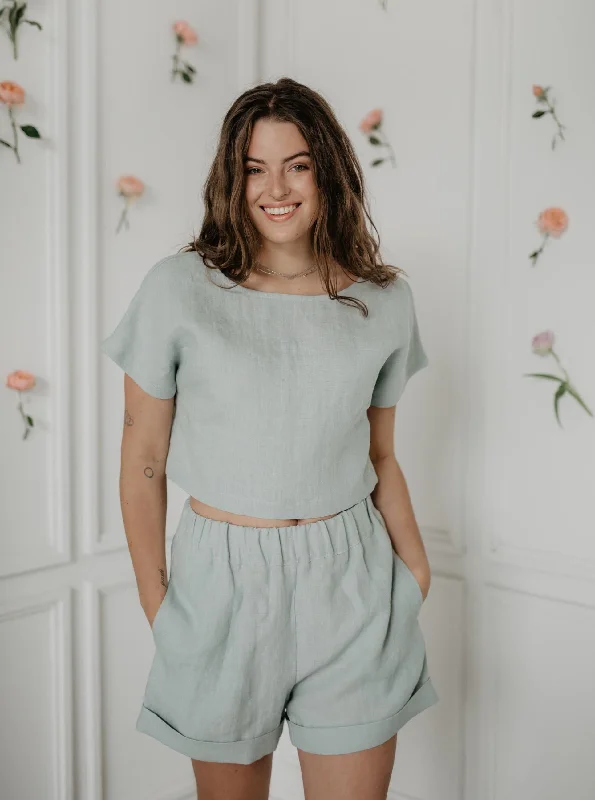 Linen crop top with buttons LISA - Sage Green