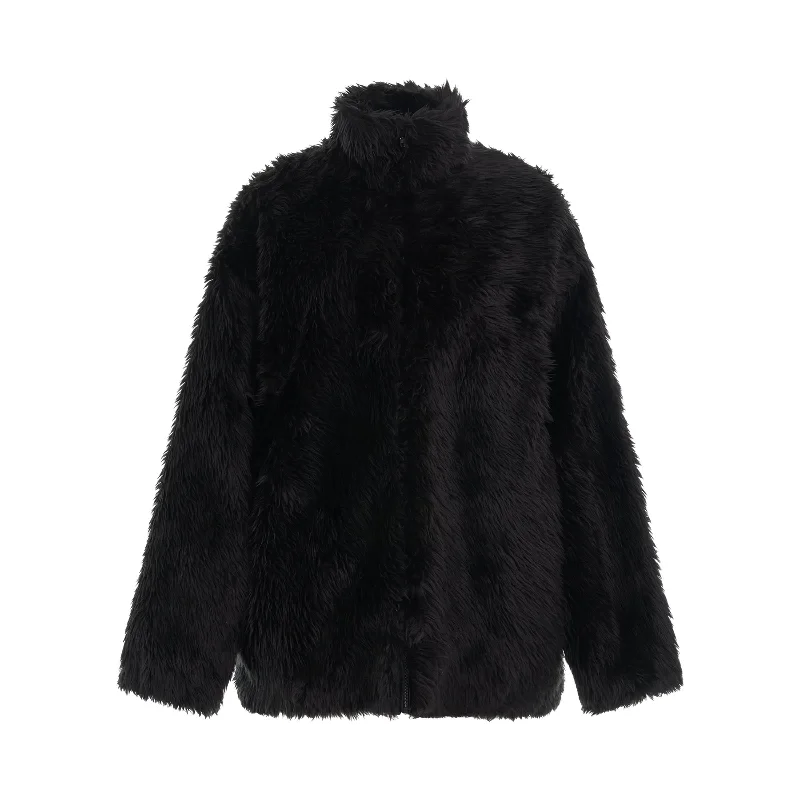 Faux Fur Zip Up Jacket in Black