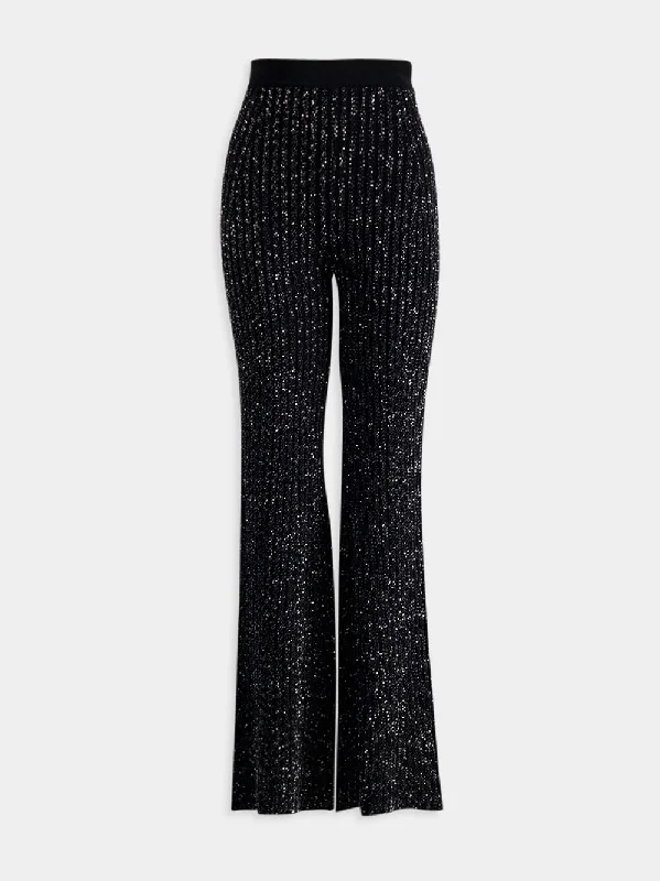 Sequin-Embellished Flared Knit Trousers