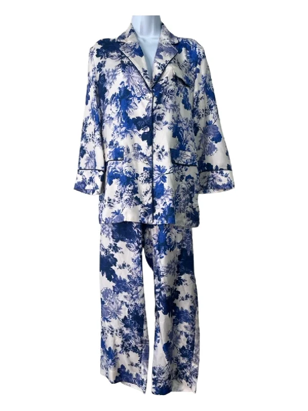 Cara Cara Size S Blue & White Silk Elastic Waist Floral Straight Leg Pants Set