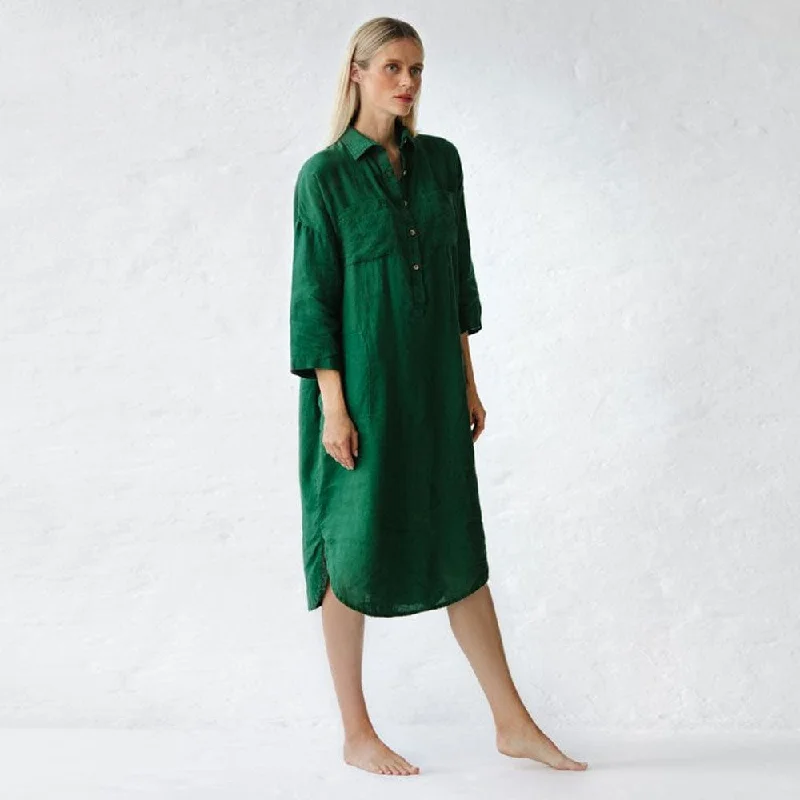 Seaside Tones Linen Shirt Dress - Green