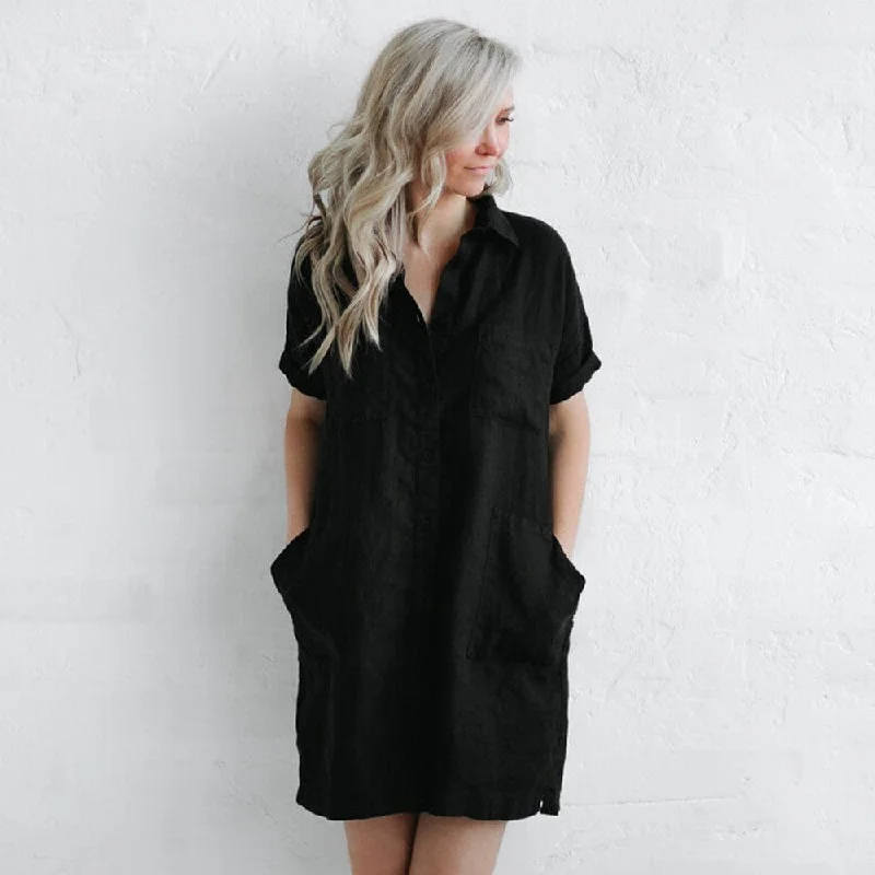 Seaside Tones Linen Tunic Dress - Black