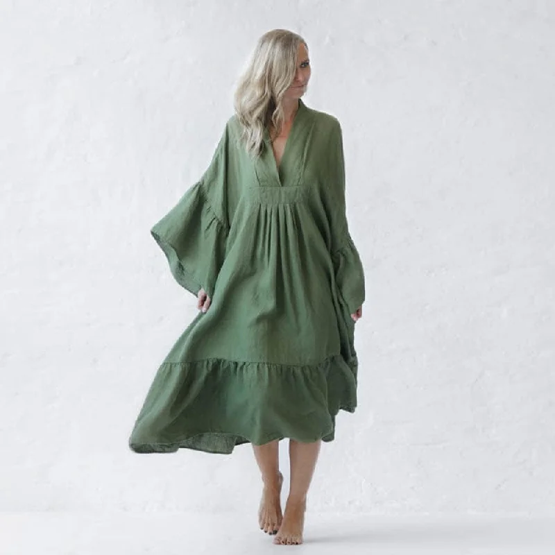 Seaside Tones Linen Sea Dress - Olive