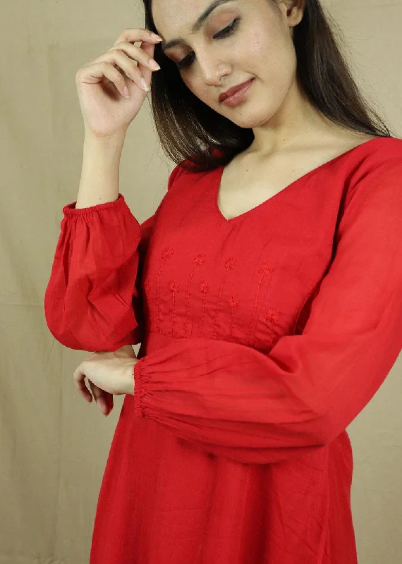 Red Embroidered Gather Dress