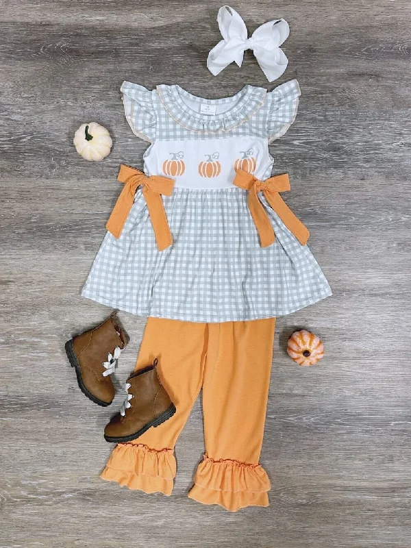 Sage Gingham Plaid Girls Pumpkin Tunic & Ruffle Pants Outfit