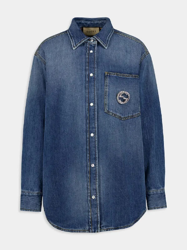 Crystal Interlocking G Embroidery Denim Shirt