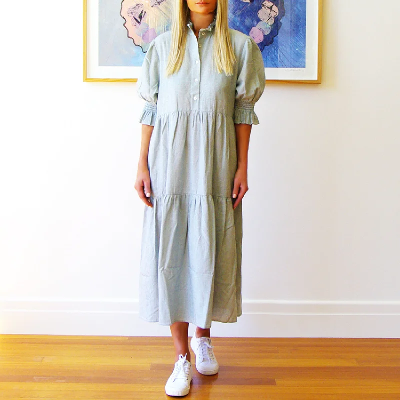 Who's Charlie Lottie Dress - Fine Stripe Sage & White (optional belt)