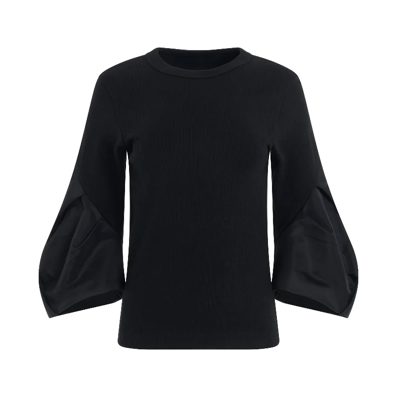 Nylon Twill Mix Cotton Jersey Pullover in Black