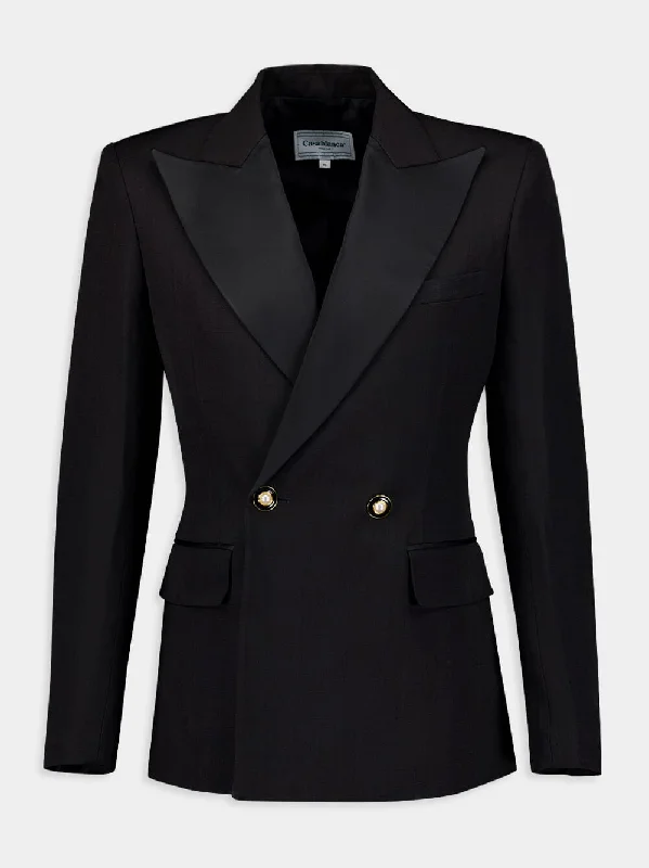 Peak-Lapels Double-Breasted Black Blazer