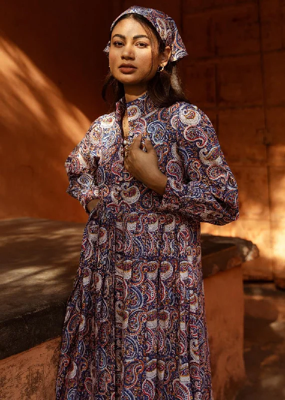 Navy Blue Printed Collar Neck Dress