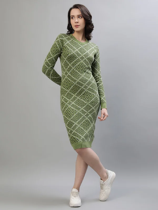 Iconic Women Green Jacquard Round Neck Full Sleeves Dress