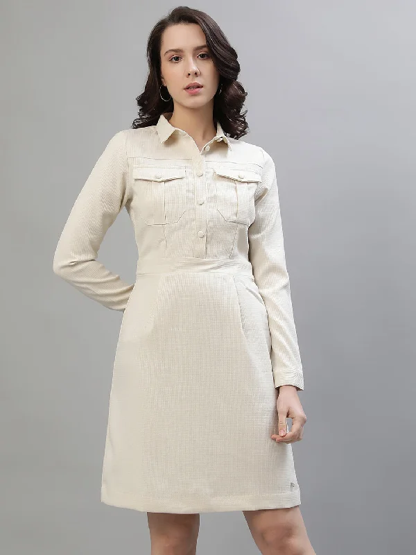 Iconic Women Cream Solid Spread Collar Full Sleeves Dress