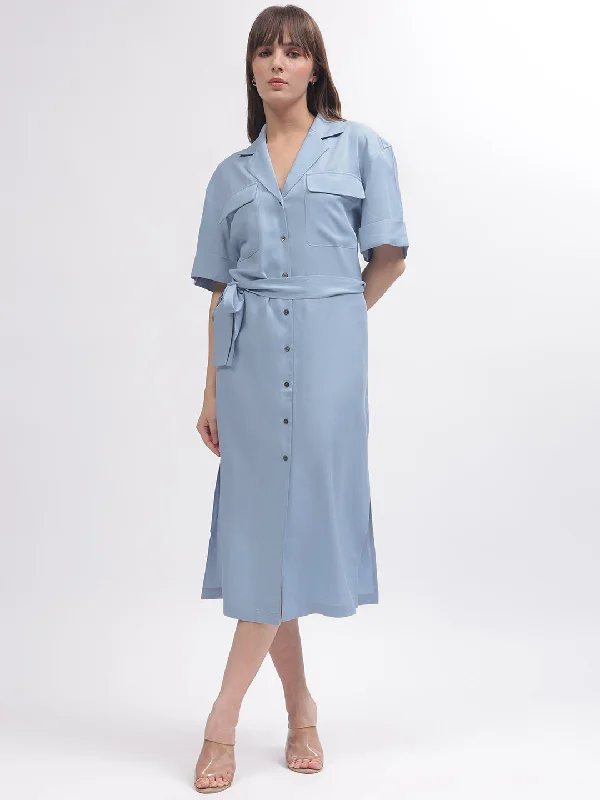 Gant Women Blue Solid Notched Lapel Short Sleeves Dress