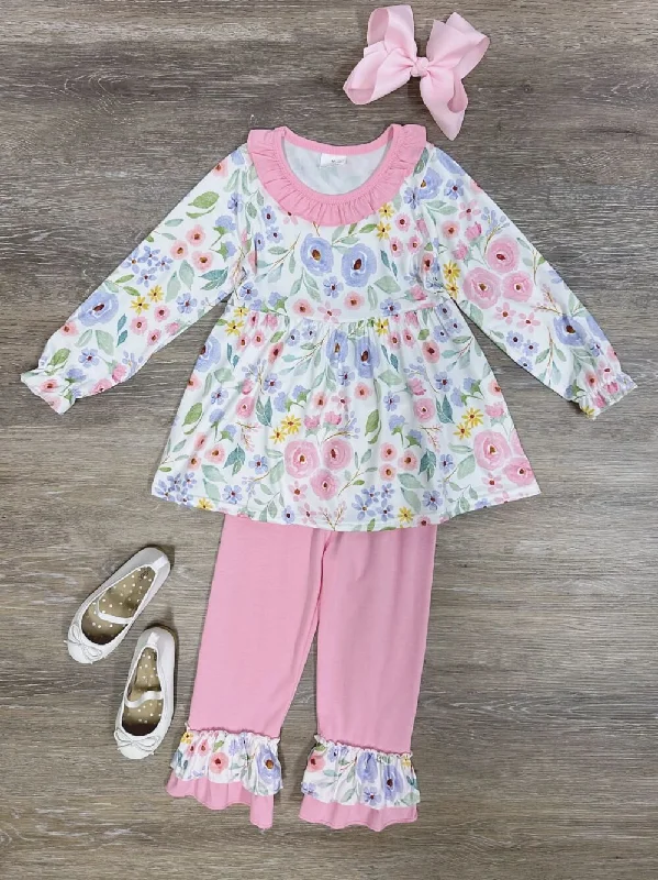 Flower Power Pink Girls Tunic & Ruffle Trim Pants Outfit