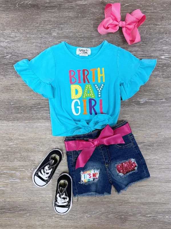 Birthday Girl Rainbow Flutter Sequin Denim Patch Girls Outfit