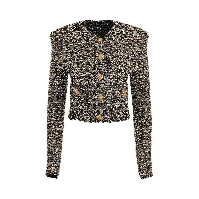 Collarless 2 Pockets Tweed Cropped Jacket in Black/Gold