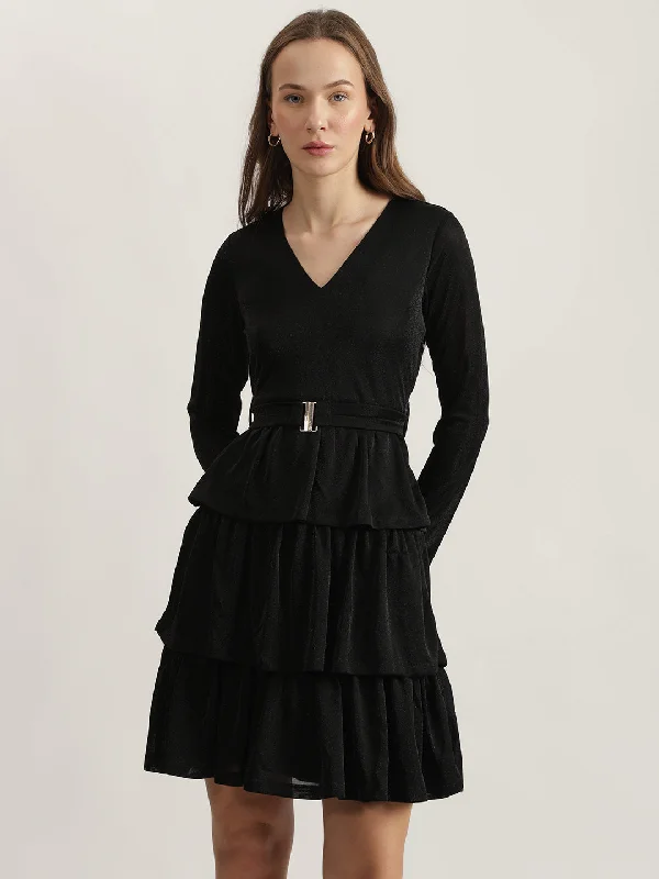 Centre Stage Women Black Solid V-Neck Full Sleeves Layered A-Line Dress