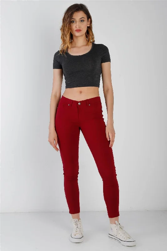 Ruby Red Contrast Button Mid Rise Skinny Pants