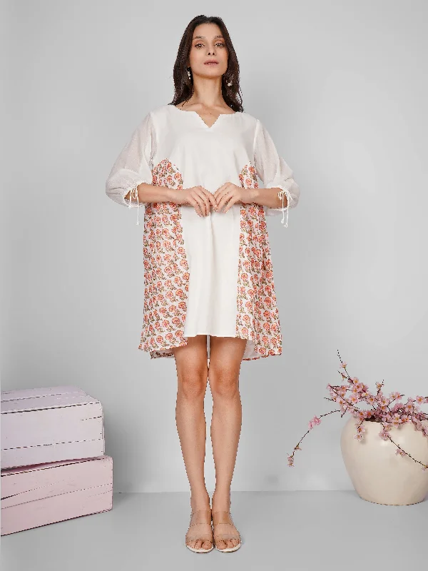 White Side Printed Gather Dress