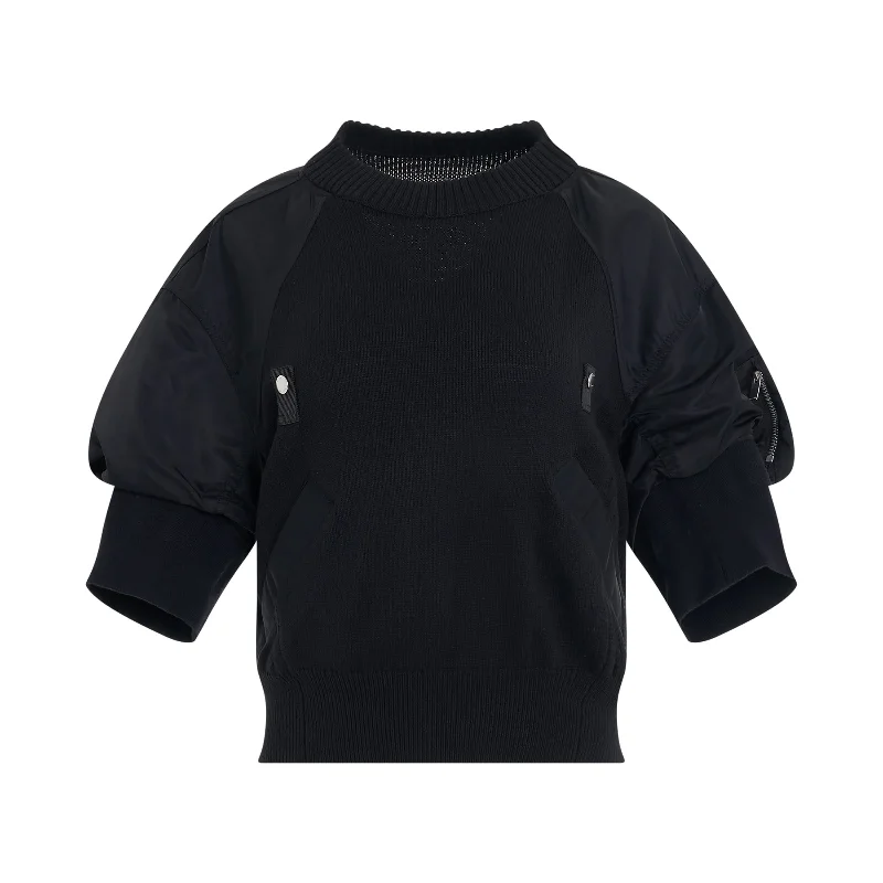 Nylon Twill & Knit Pullover in Black