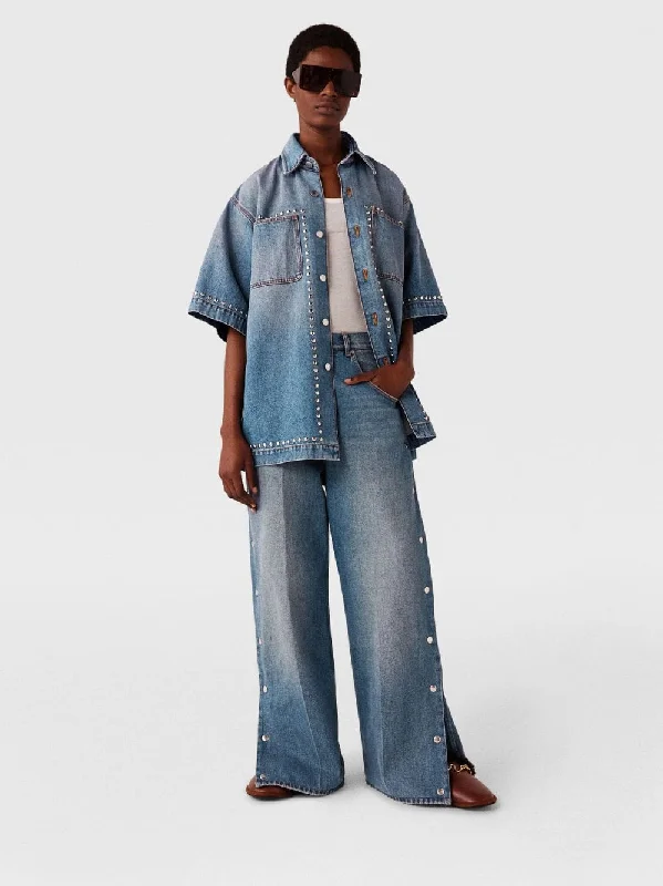 Popper-Studded Bootcut Washed Denim Jeans