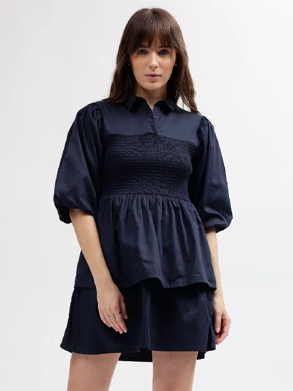 Elle Women Navy Blue Solid Shirt Collar 3/4th Sleeves Dress