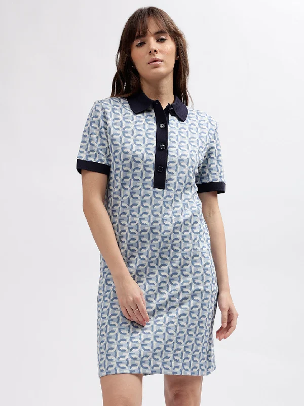 Gant Women Blue Printed Polo Collar Short Sleeves Dress