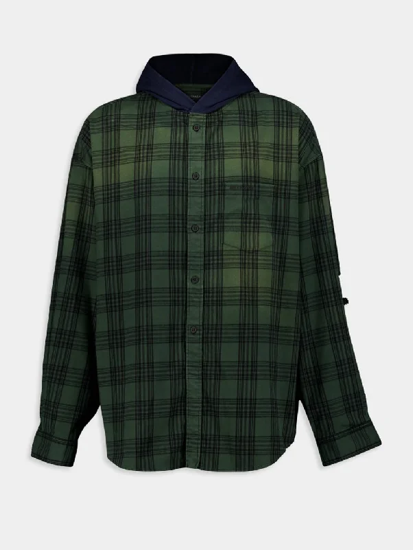 Hooded Check-Print Oversized Shirt