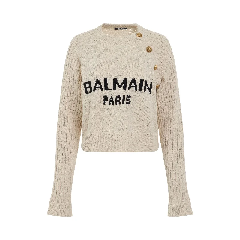 4 Button Cropped Knit Pullover in Natural/Black