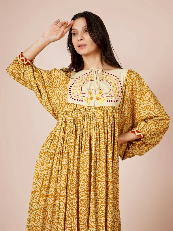 Mustard Printed Peacock Embroidery Dress