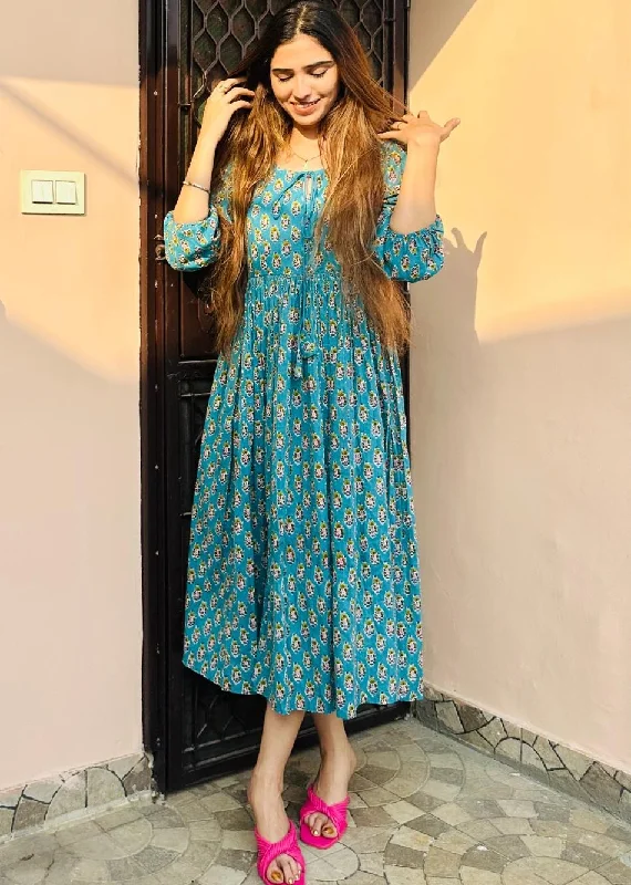 Blue Printed Gathered Dress