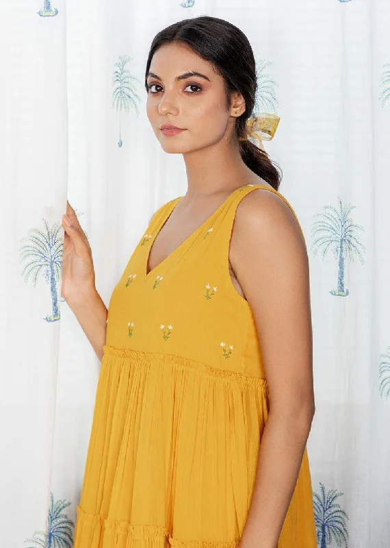 Mustard Yellow Tiered Gather Dress