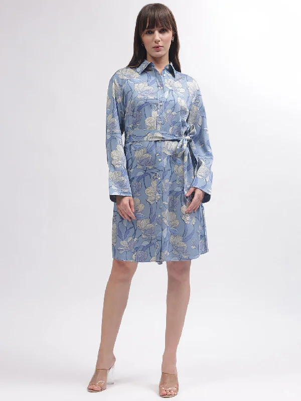 Gant Women Blue Printed Shirt Collar Full Sleeves Dress