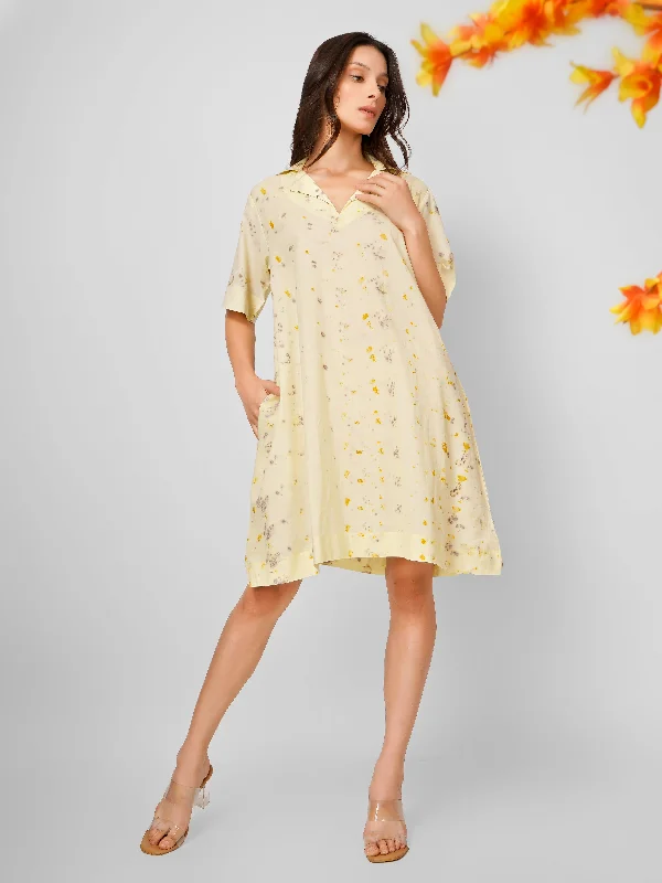 Yellow Natural Dyed Short Sleeve Collar Dress