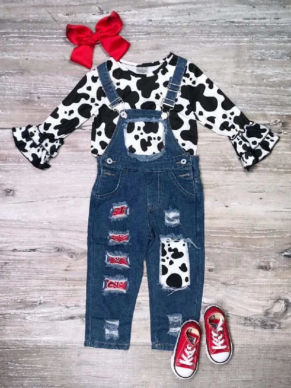 Gone Country Cow Print Red Sequin Patch Girls Denim Overalls