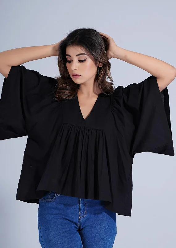 Black Loose Sleeves Gathered Top