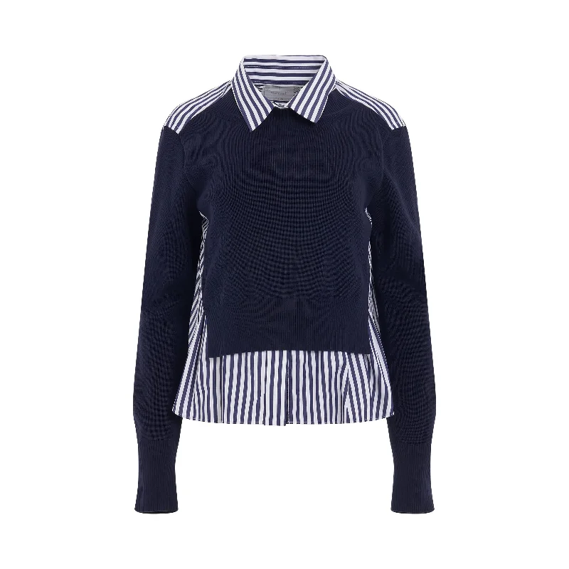 Cotton Poplin x Knit Pullover in Navy Stripe