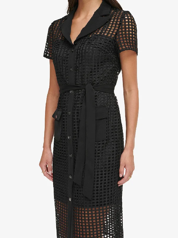 DKNY Women Black Solid Shirt Collar Short Sleeves Dress